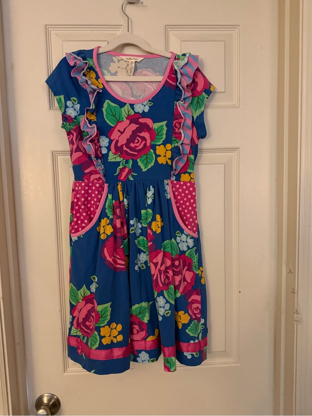 Matilda Jane Bright Blue Floral Ruffle Dress with Pink Polka Dot Pockets